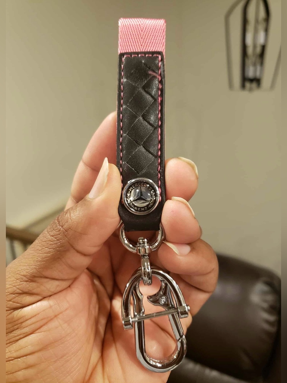 MERCEDES BENZ Black Leather & Pink Chrome Keychain